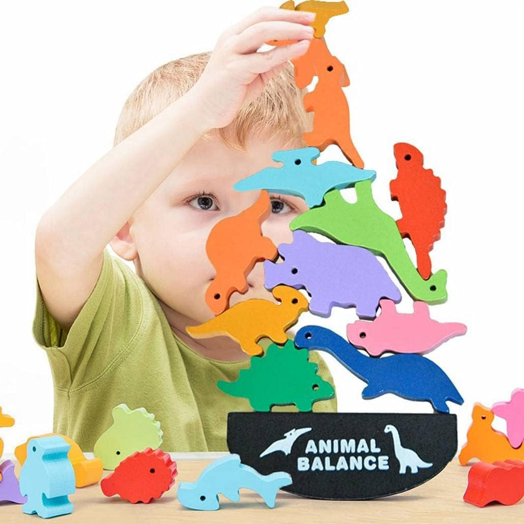 Dinosaur Wooden Blocks Stacking Toy for Kids, Wooden Animal Balance Stacking Game, Wooden Building Blocks for Concentration and Motor Skills Training, Best Birthday for Kids