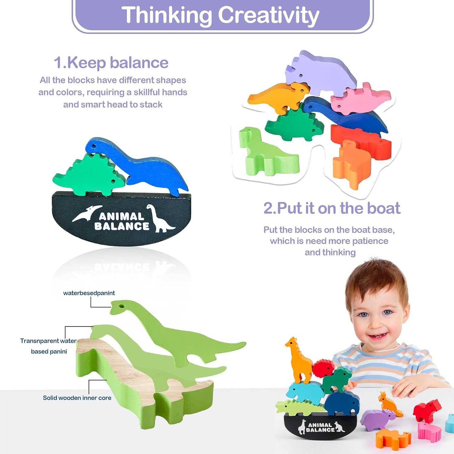 Dinosaur Wooden Blocks Stacking Toy for Kids, Wooden Animal Balance Stacking Game, Wooden Building Blocks for Concentration and Motor Skills Training, Best Birthday for Kids