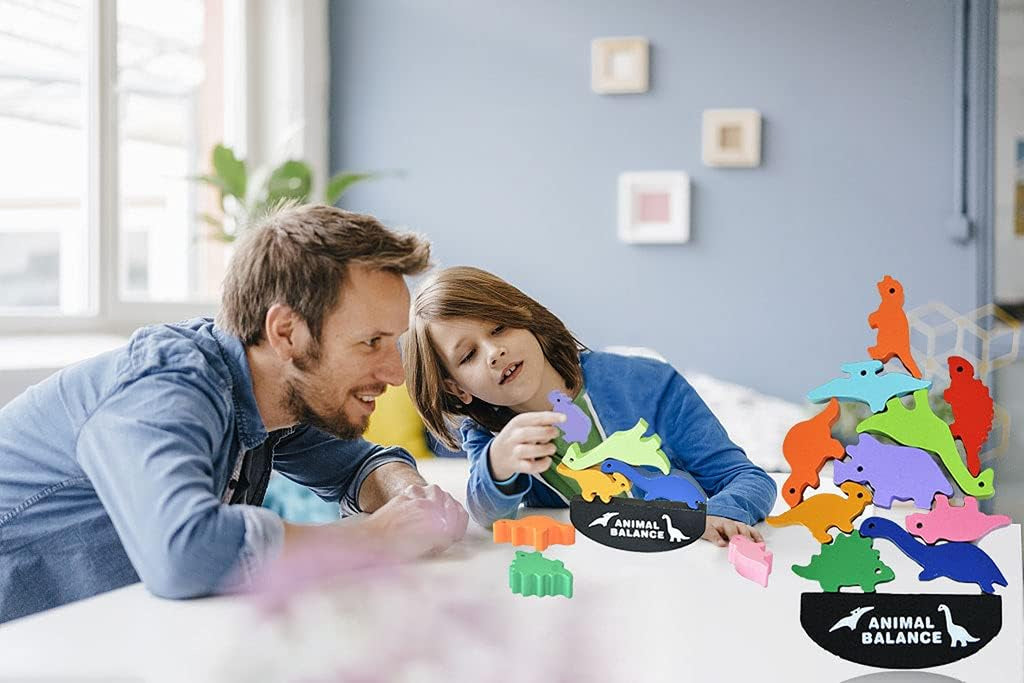 Dinosaur Wooden Blocks Stacking Toy for Kids, Wooden Animal Balance Stacking Game, Wooden Building Blocks for Concentration and Motor Skills Training, Best Birthday for Kids
