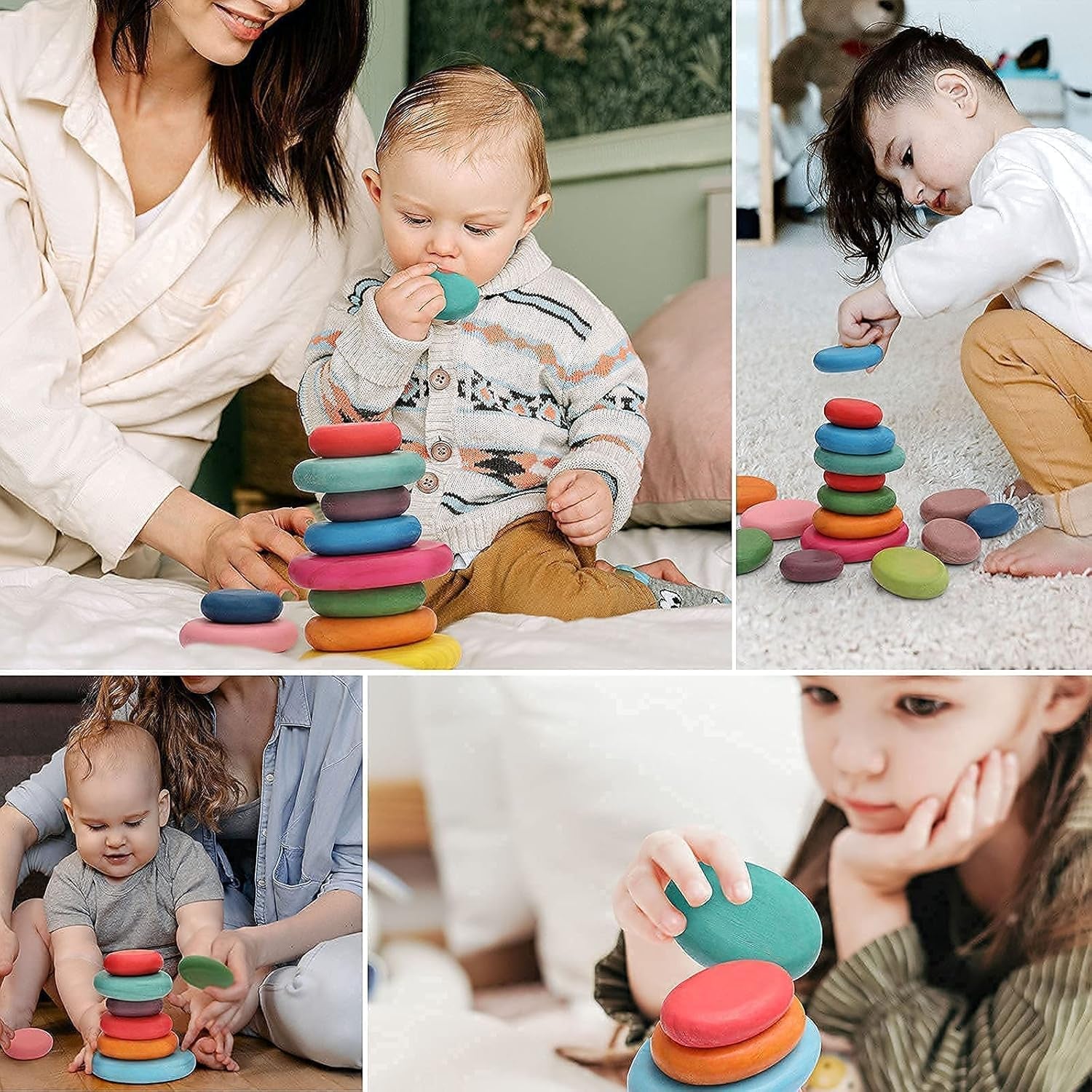 16Pcs Extra-Large Wooden Sorting Stacking Rocks - Safe Montessori Toys for 1-3 Year Old, Waldorf Wooden Blocks for Toddlers 1-3, Smooth Stacking Stones for Toddlers, for Kids