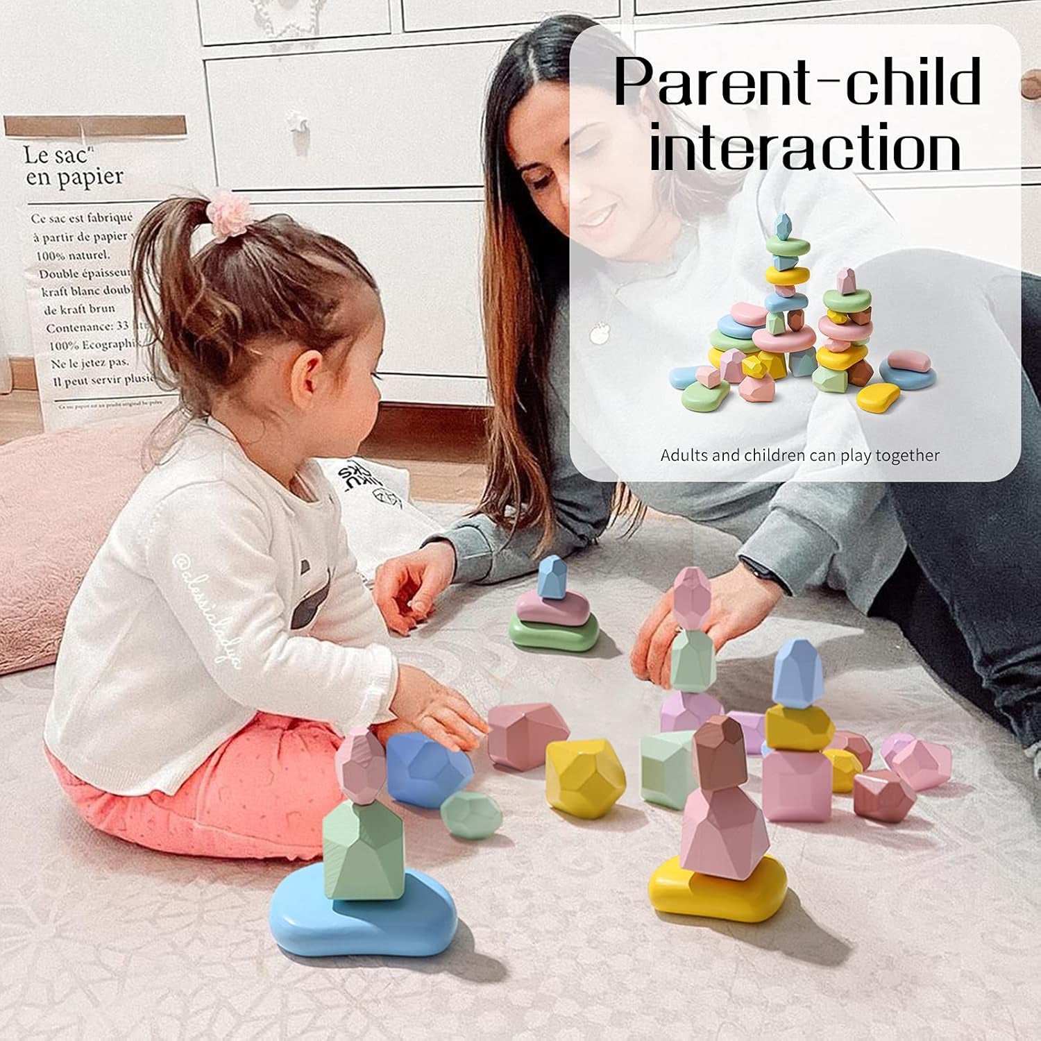 34Pcs Stacking Rocks Balancing Stones Wooden Stacking Toys for Toddler Montessori Sorting Game