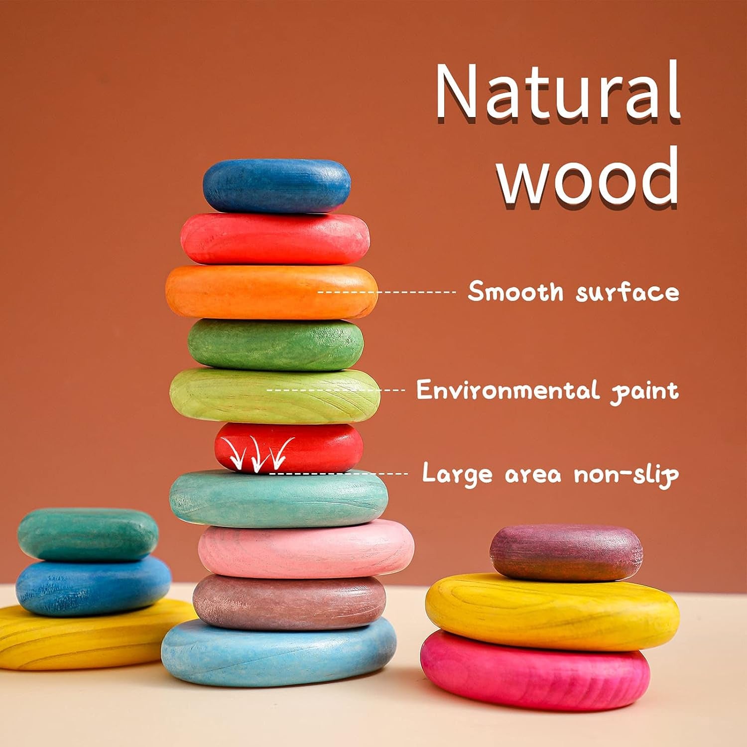 16Pcs Extra-Large Wooden Sorting Stacking Rocks - Safe Montessori Toys for 1-3 Year Old, Waldorf Wooden Blocks for Toddlers 1-3, Smooth Stacking Stones for Toddlers, for Kids