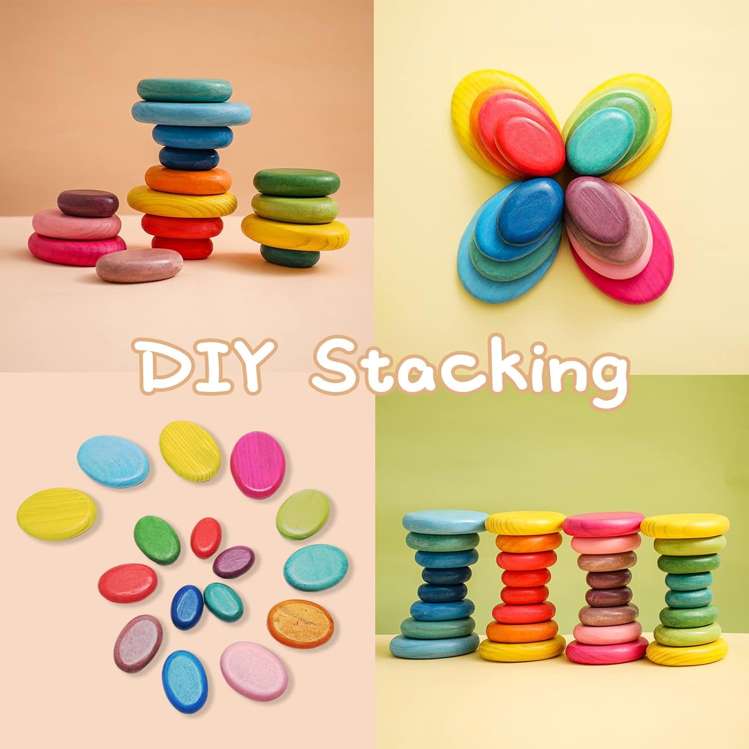 16Pcs Extra-Large Wooden Sorting Stacking Rocks - Safe Montessori Toys for 1-3 Year Old, Waldorf Wooden Blocks for Toddlers 1-3, Smooth Stacking Stones for Toddlers, for Kids