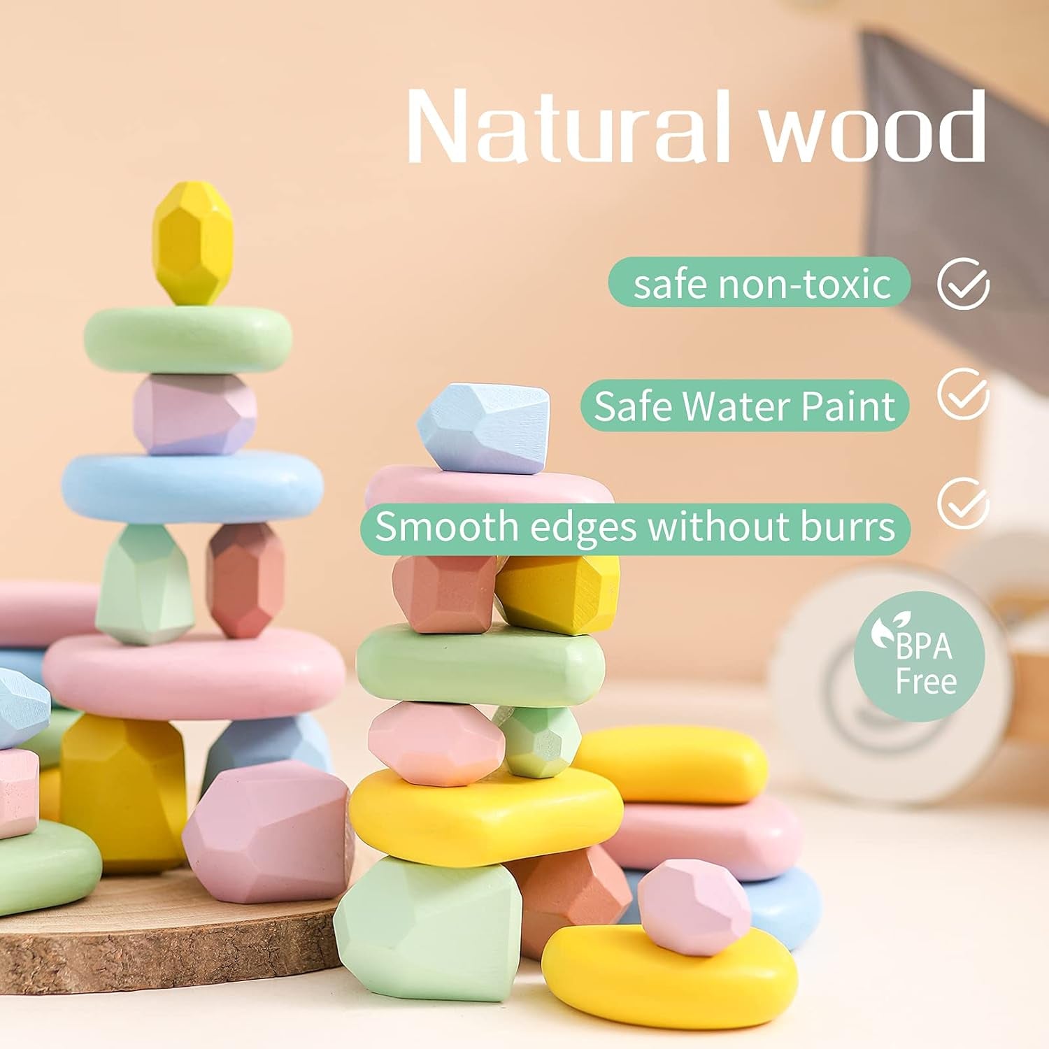 34Pcs Stacking Rocks Balancing Stones Wooden Stacking Toys for Toddler Montessori Sorting Game