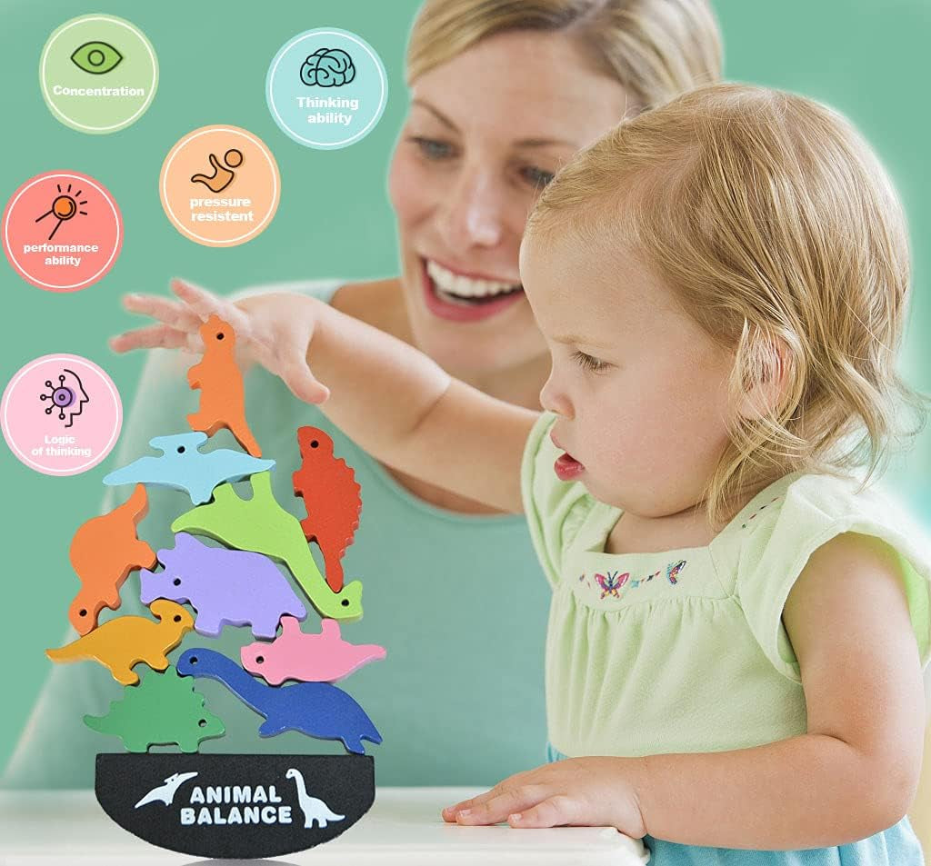 Dinosaur Wooden Blocks Stacking Toy for Kids, Wooden Animal Balance Stacking Game, Wooden Building Blocks for Concentration and Motor Skills Training, Best Birthday for Kids