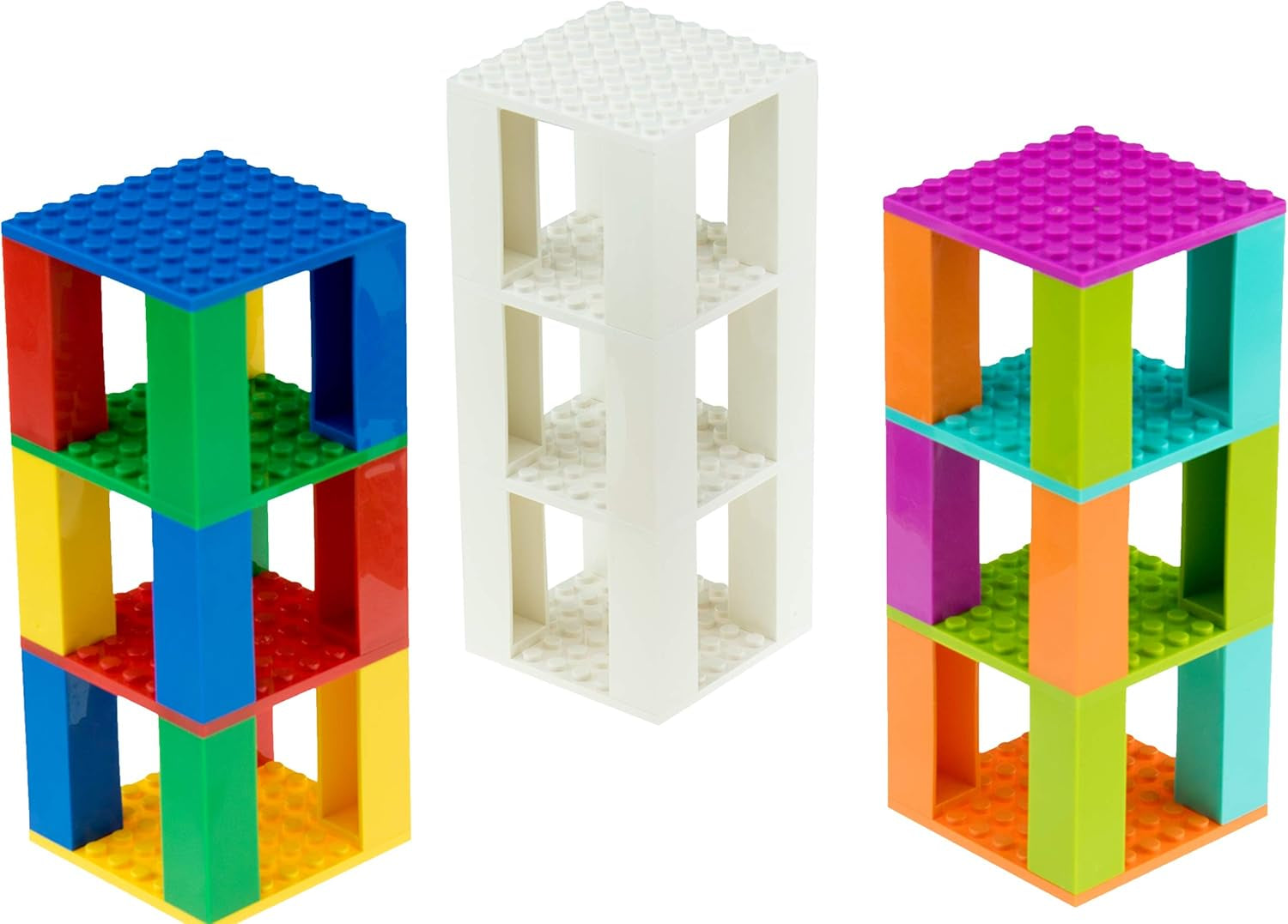 Classic Bricks and Baseplates Teeny Tower | 100% Compatible with All Major Brands | Building Bricks for Towers and More | Ages 5+ STEM Toy | 4 Color Stackable 8X8 Baseplates & 12 Stackers | 16 Piece