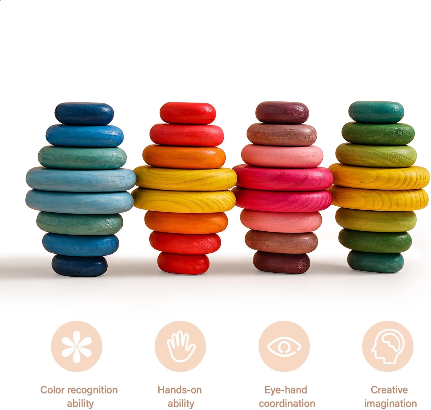 16Pcs Extra-Large Wooden Sorting Stacking Rocks - Safe Montessori Toys for 1-3 Year Old, Waldorf Wooden Blocks for Toddlers 1-3, Smooth Stacking Stones for Toddlers, for Kids