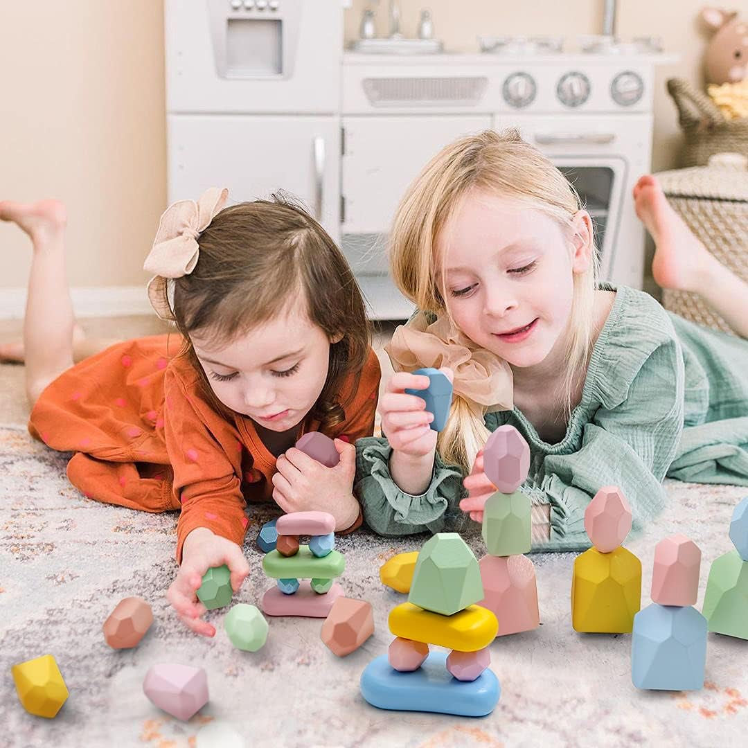 34Pcs Stacking Rocks Balancing Stones Wooden Stacking Toys for Toddler Montessori Sorting Game