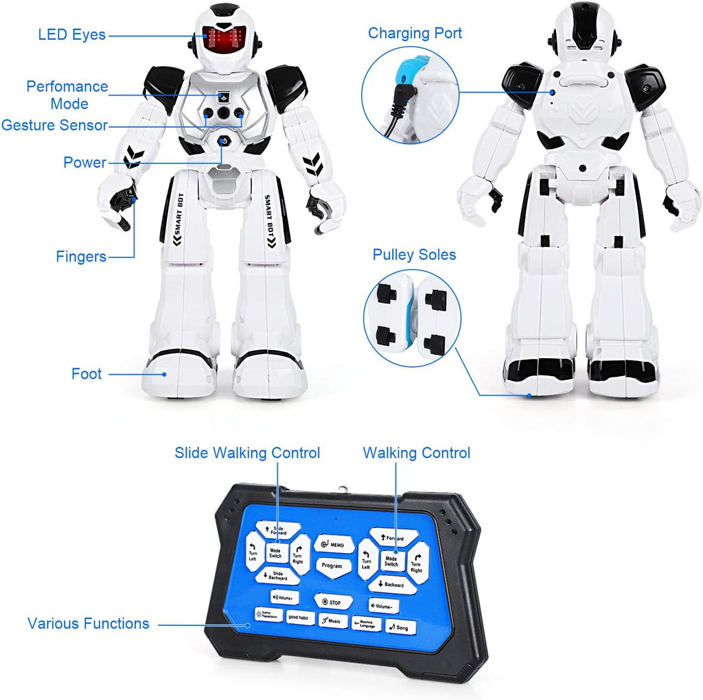 RC Robot for Kids Intelligent Programmable Robot with Infrared Controller Toys, Dancing, Singing, Led Eyes, Gesture Sensing Robot (Black)